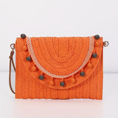 Vintage Straw Woven Clutch Bag Retro Beaded Envelope Handbag