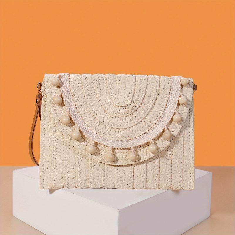 Vintage Straw Woven Clutch Bag Retro Beaded Envelope Handbag
