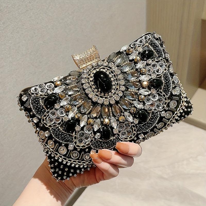 Beaded Rhinestone Evening Bag Box Clutch Purse for Wedding Party