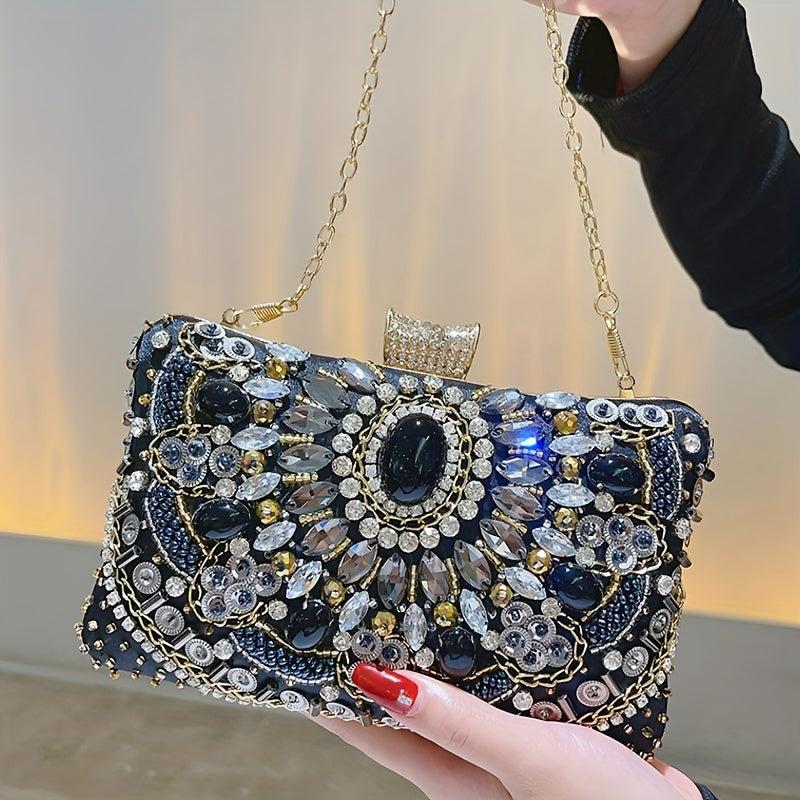 Beaded Rhinestone Evening Bag Box Clutch Purse for Wedding Party