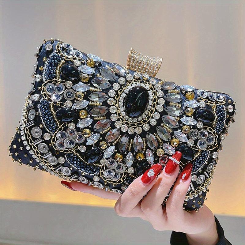 Beaded Rhinestone Evening Bag Box Clutch Purse for Wedding Party