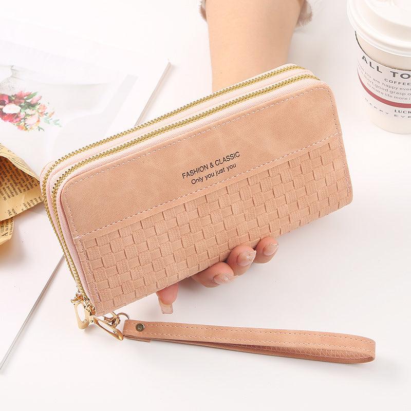 Woven Pattern Long Clutch Coin Purse Zipper Wristlet Double Zipper