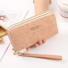 Woven Pattern Long Clutch Coin Purse Zipper Wristlet Double Zipper