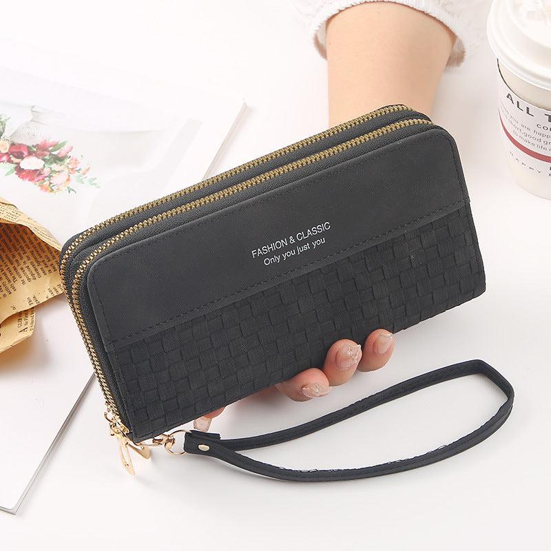 Woven Pattern Long Clutch Coin Purse Zipper Wristlet Double Zipper