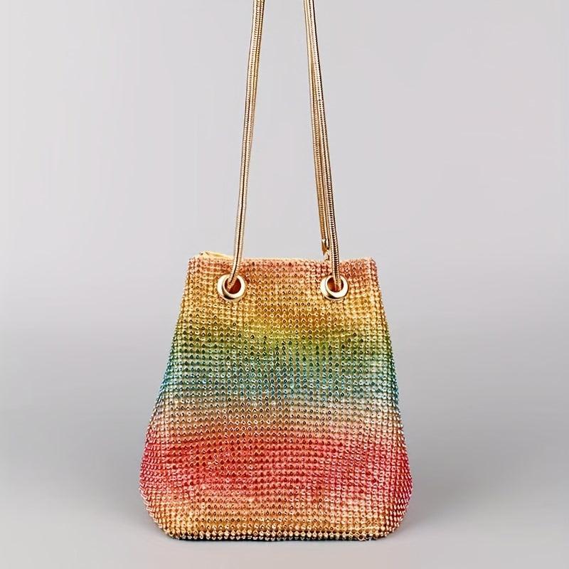 Rainbow Gradient Drawstring Crossbody Bag Rhinestone Bucket Bag Purse