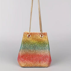 Rainbow Gradient Drawstring Crossbody Bag Rhinestone Bucket Bag Purse