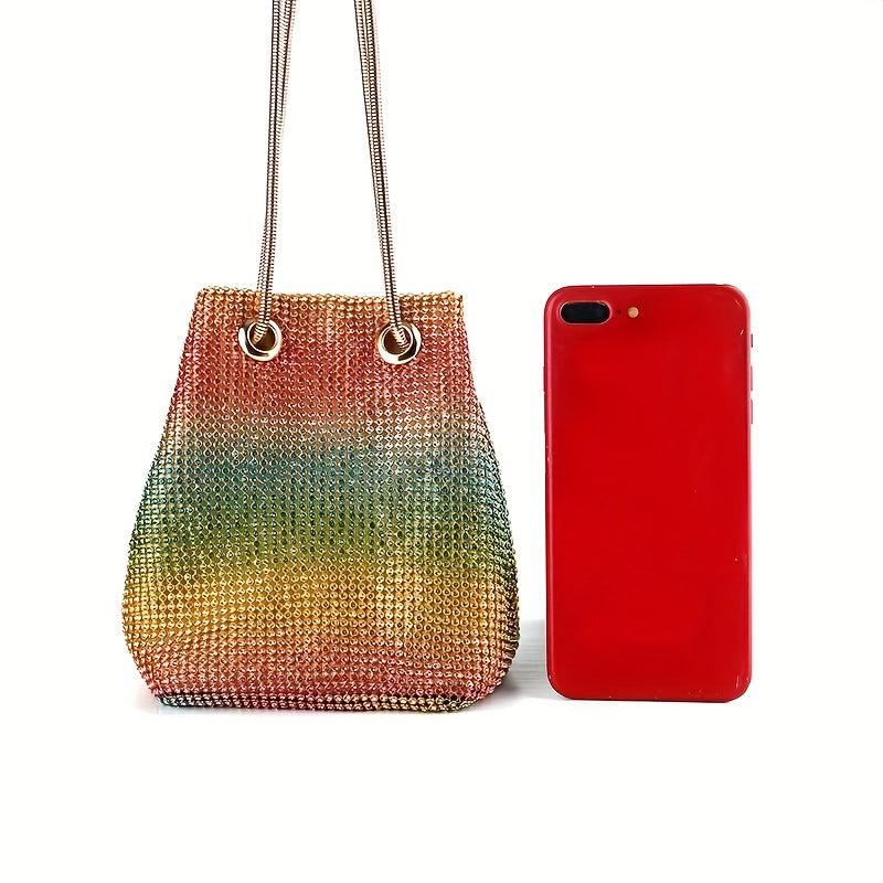 Rainbow Gradient Drawstring Crossbody Bag Rhinestone Bucket Bag Purse
