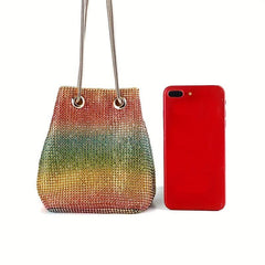 Rainbow Gradient Drawstring Crossbody Bag Rhinestone Bucket Bag Purse