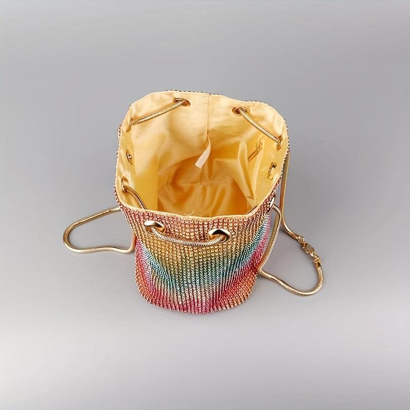 Rainbow Gradient Drawstring Crossbody Bag Rhinestone Bucket Bag Purse