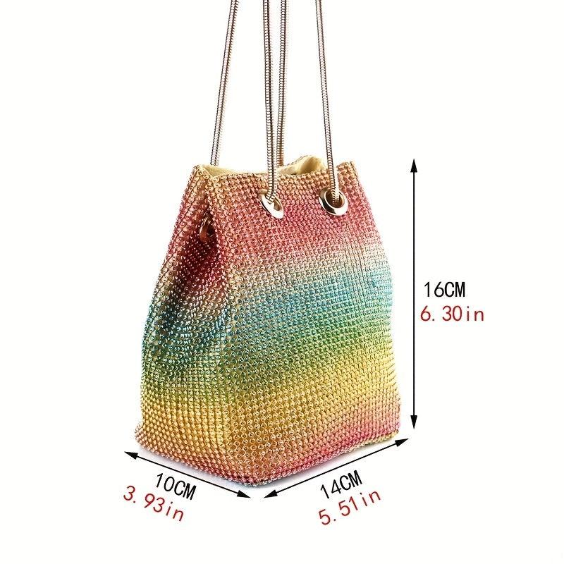 Rainbow Gradient Drawstring Crossbody Bag Rhinestone Bucket Bag Purse