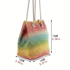 Rainbow Gradient Drawstring Crossbody Bag Rhinestone Bucket Bag Purse
