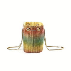Rainbow Gradient Drawstring Crossbody Bag Rhinestone Bucket Bag Purse