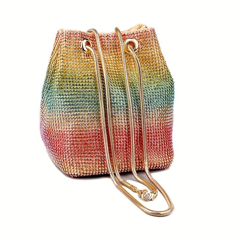 Rainbow Gradient Drawstring Crossbody Bag Rhinestone Bucket Bag Purse