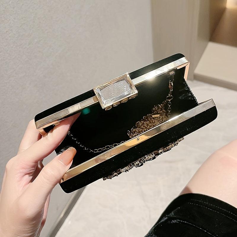 Rhinestone Flower Metal Chain Clutch Bag Elegant Textured PU Frame Bag