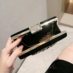 Rhinestone Flower Metal Chain Clutch Bag Elegant Textured PU Frame Bag