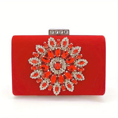 Rhinestone Flower Metal Chain Clutch Bag Elegant Textured PU Frame Bag