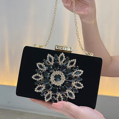 Rhinestone Flower Metal Chain Clutch Bag Elegant Textured PU Frame Bag