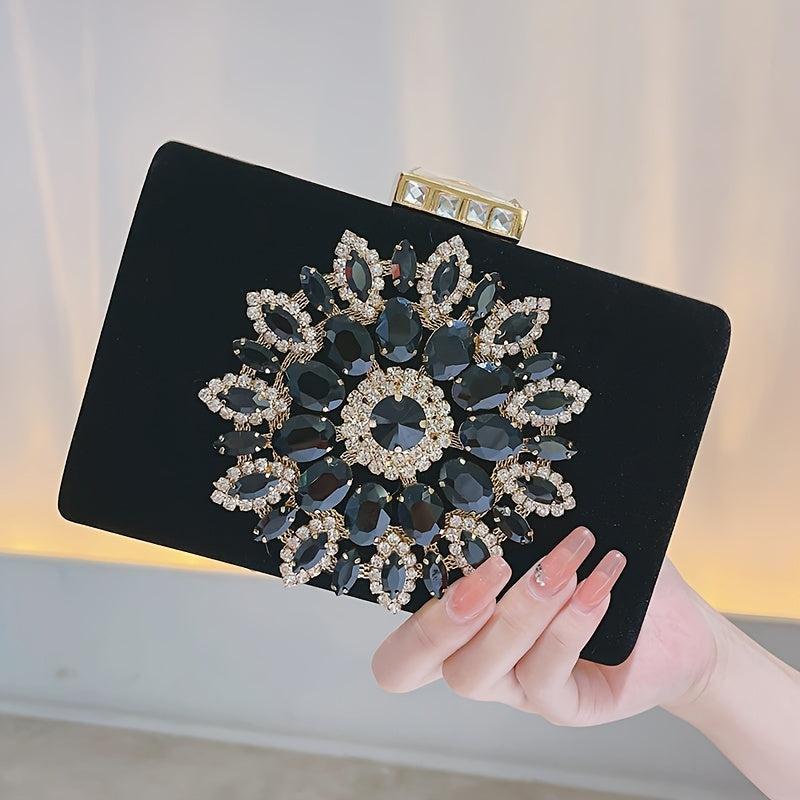 Rhinestone Flower Metal Chain Clutch Bag Elegant Textured PU Frame Bag
