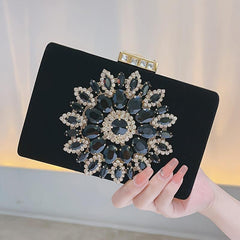 Rhinestone Flower Metal Chain Clutch Bag Elegant Textured PU Frame Bag