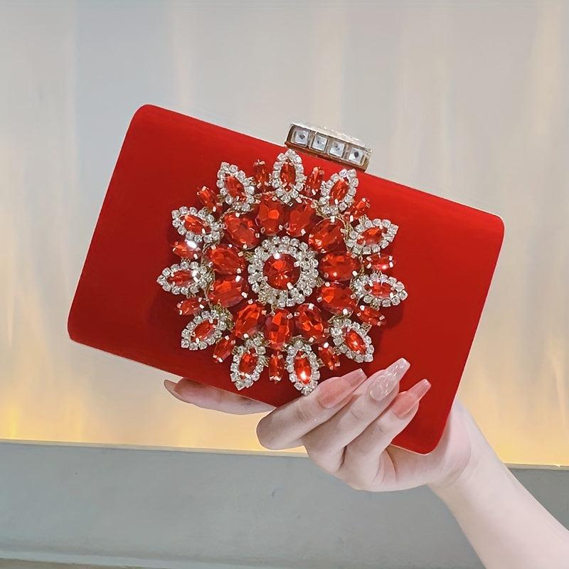 Rhinestone Flower Metal Chain Clutch Bag Elegant Textured PU Frame Bag