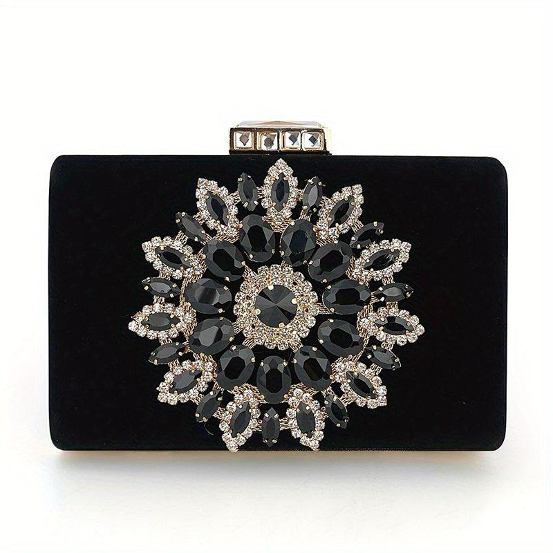 Rhinestone Flower Metal Chain Clutch Bag Elegant Textured PU Frame Bag