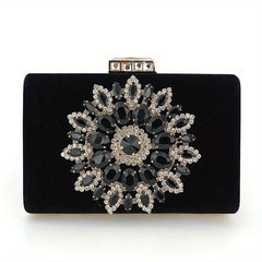Rhinestone Flower Metal Chain Clutch Bag Elegant Textured PU Frame Bag