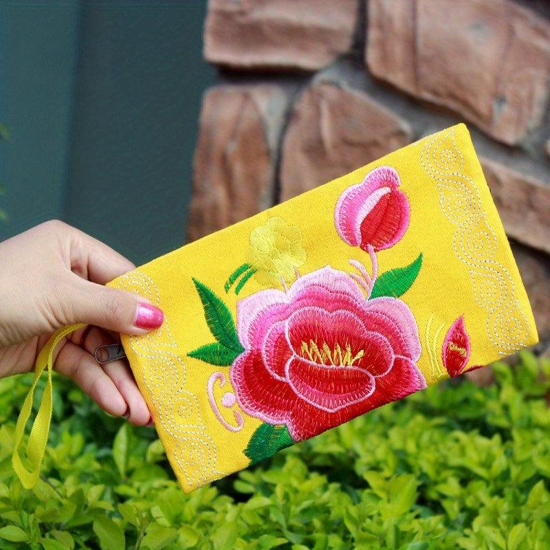 Retro Flower Embroidery Clutch Bag Ethnic Style Canvas Credit Card Organizer