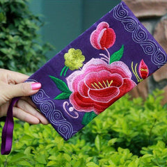 Retro Flower Embroidery Clutch Bag Ethnic Style Canvas Credit Card Organizer