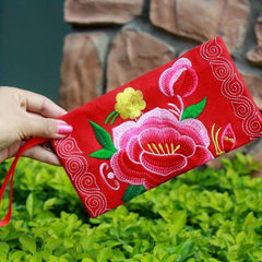 Retro Flower Embroidery Clutch Bag Ethnic Style Canvas Credit Card Organizer