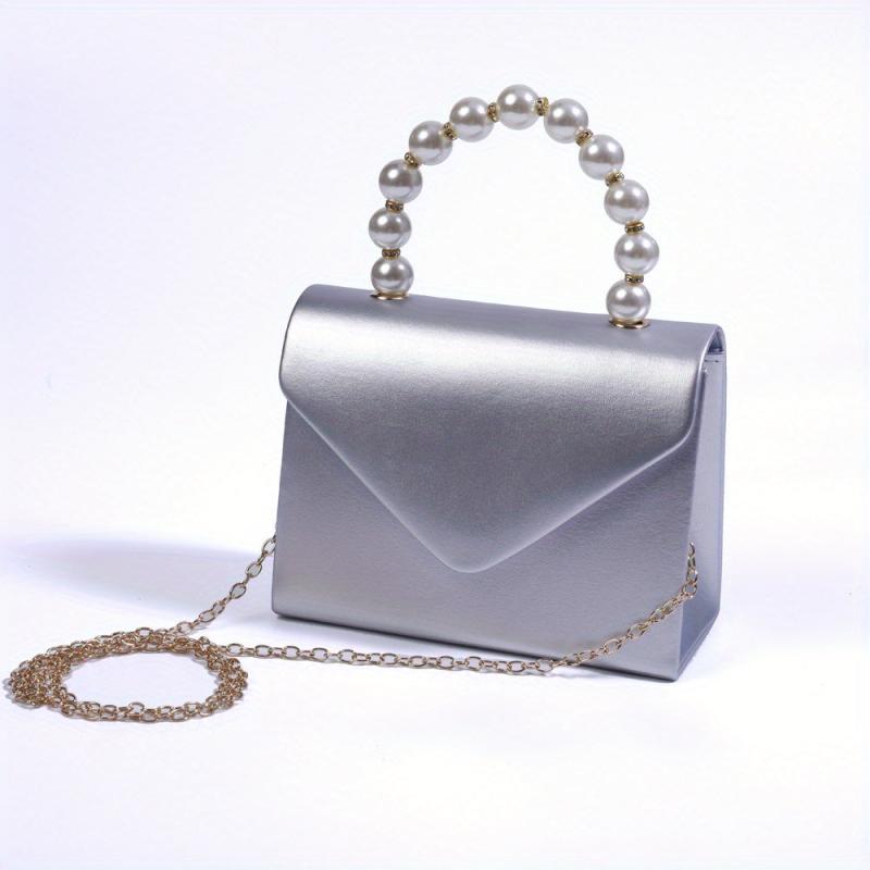 Solid PU Leather Mini Flap Handbag with Pearl Chain & Coin Purse