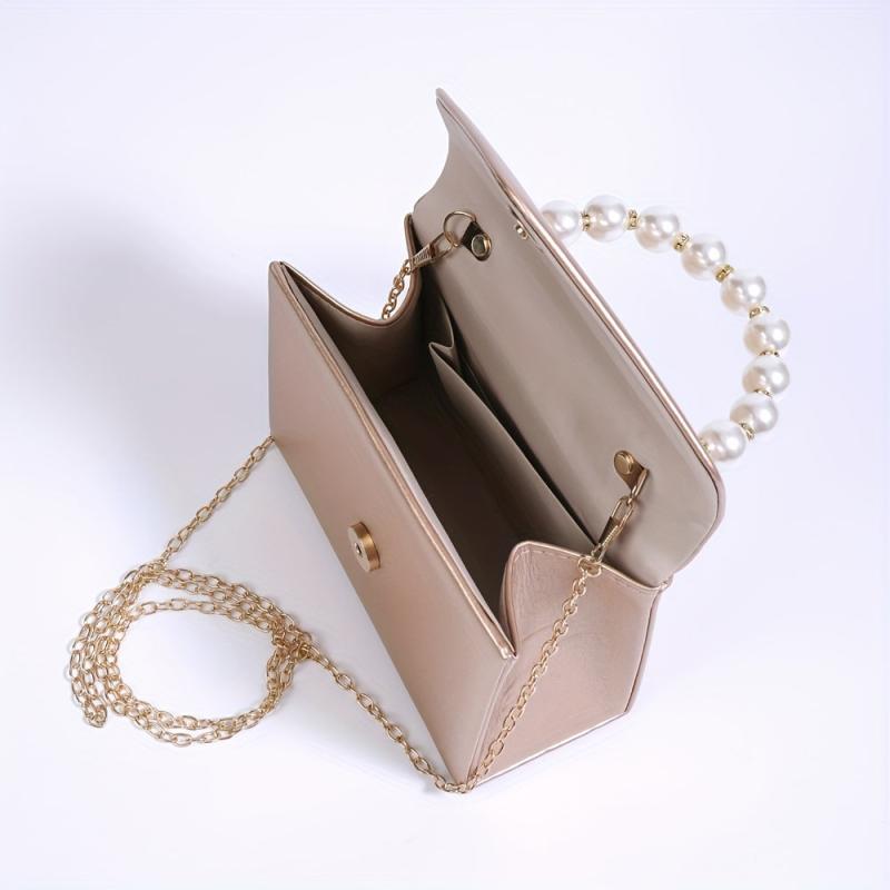 Solid PU Leather Mini Flap Handbag with Pearl Chain & Coin Purse