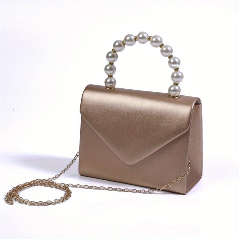 Solid PU Leather Mini Flap Handbag with Pearl Chain & Coin Purse
