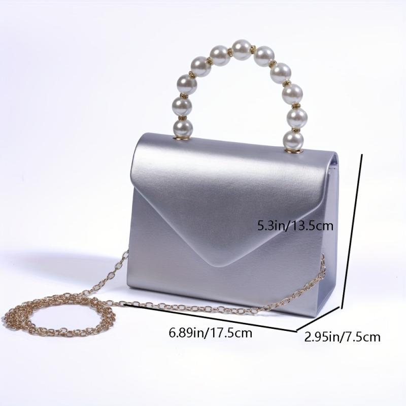 Solid PU Leather Mini Flap Handbag with Pearl Chain & Coin Purse