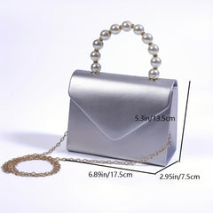 Solid PU Leather Mini Flap Handbag with Pearl Chain & Coin Purse