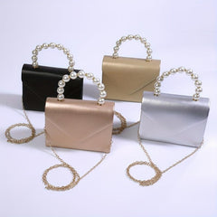 Solid PU Leather Mini Flap Handbag with Pearl Chain & Coin Purse