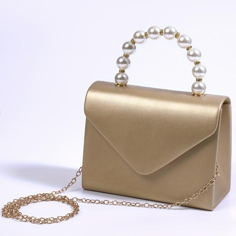 Solid PU Leather Mini Flap Handbag with Pearl Chain & Coin Purse