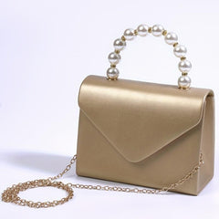 Solid PU Leather Mini Flap Handbag with Pearl Chain & Coin Purse