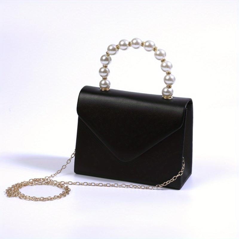 Solid PU Leather Mini Flap Handbag with Pearl Chain & Coin Purse