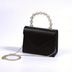 Solid PU Leather Mini Flap Handbag with Pearl Chain & Coin Purse