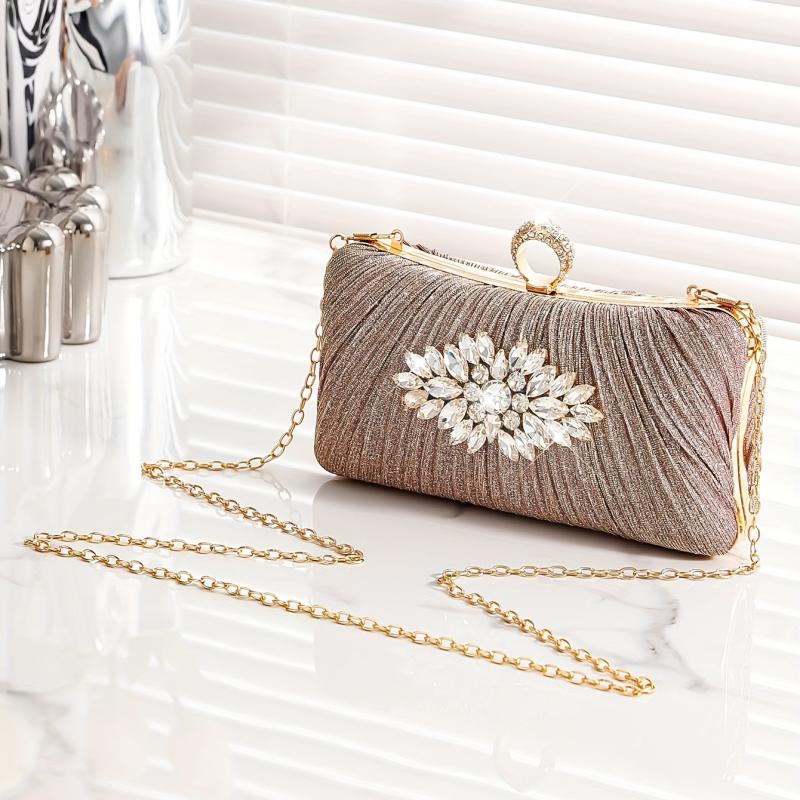 Rhinestone Glitter Kiss Lock Chain Clutch Elegant Frame Purse