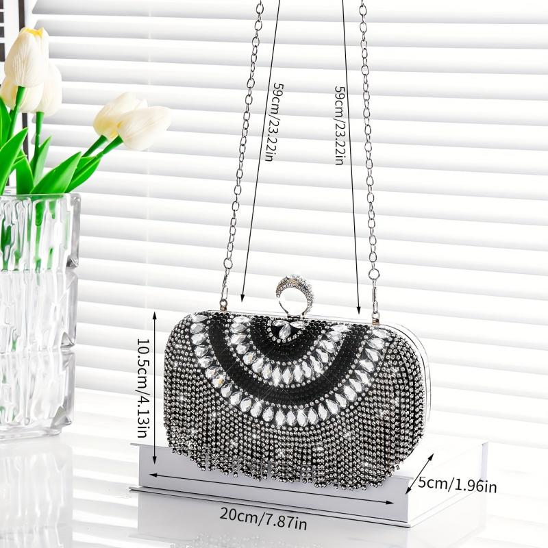 Elegant Glitter Rhinestone Clutch Metal Chain Evening Bag