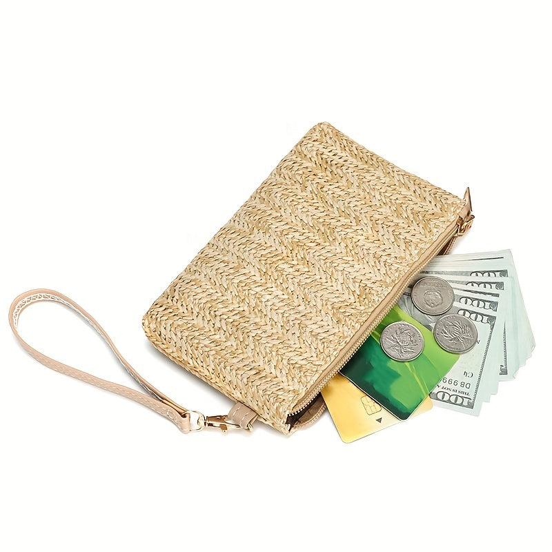 Straw Mini Wristlet Bag Zipper Clutch Purse