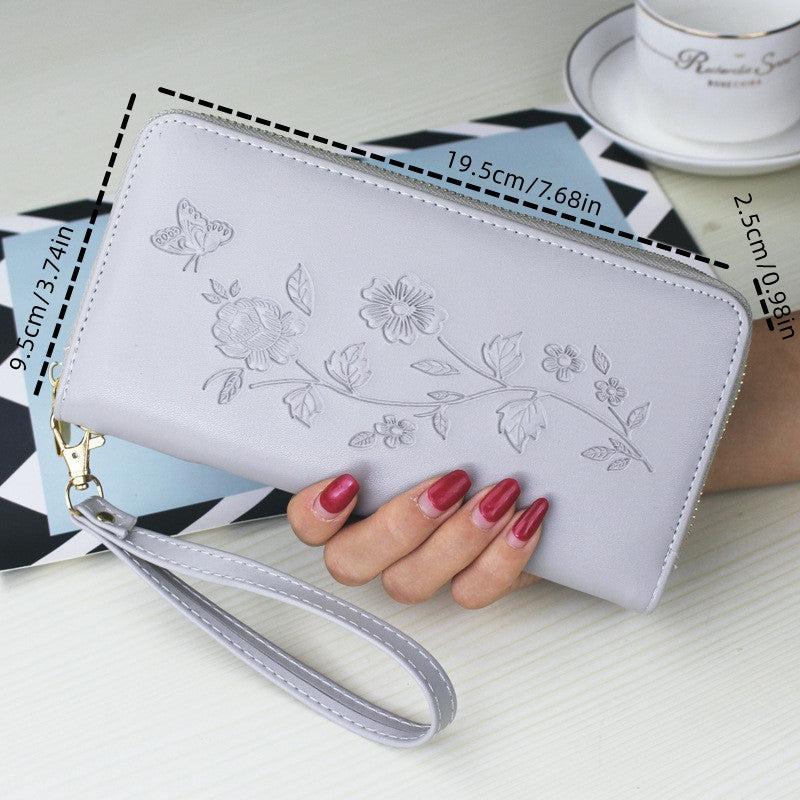 Flower Embossed Long Wallet Bag Zipper Coin Purse Phone Bag