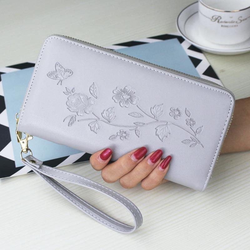 Flower Embossed Long Wallet Bag Zipper Coin Purse Phone Bag