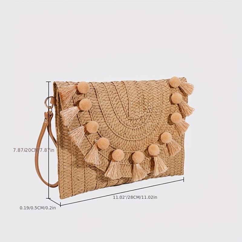 Straw Woven Envelope Clutch Beach Wrist Bag Rattan Purse