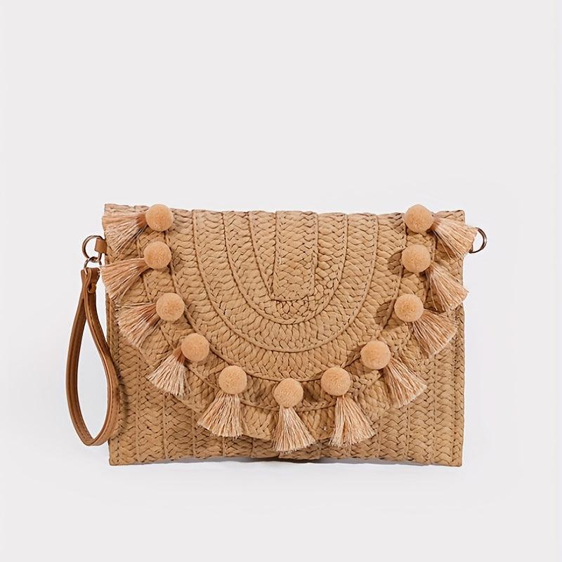 Straw Woven Envelope Clutch Beach Wrist Bag Rattan Purse