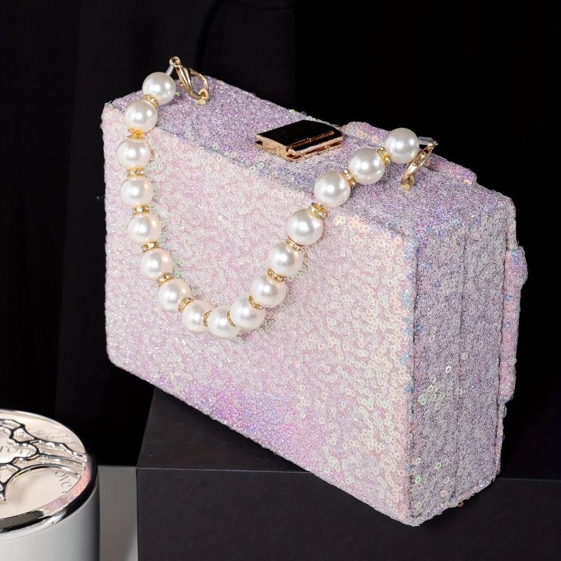 Sequins Evening Handbag Glitter Bowknot Clutch Purse Faux Pearl Handle