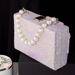 Sequins Evening Handbag Glitter Bowknot Clutch Purse Faux Pearl Handle