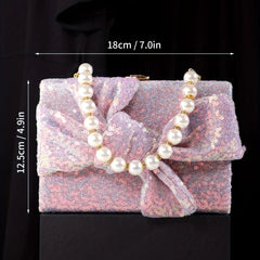 Sequins Evening Handbag Glitter Bowknot Clutch Purse Faux Pearl Handle