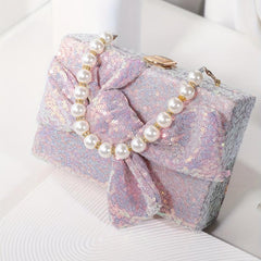 Sequins Evening Handbag Glitter Bowknot Clutch Purse Faux Pearl Handle